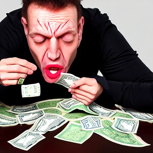 Image similar to portrait of a broken man eating money, wax figure