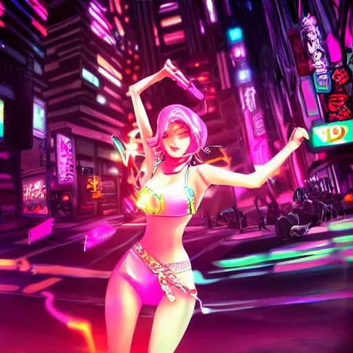 Prompt: a girl like (jinx, Princess peach), dancing, background cyberpunk city, kpop, fullshot, photo, volumetric lighting, epic composition, intricate details, dark neon punk, by KDA