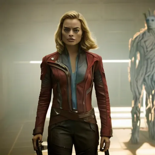 Prompt: film still of Margot Robbie as Star Lord in Guardians of the Galaxy