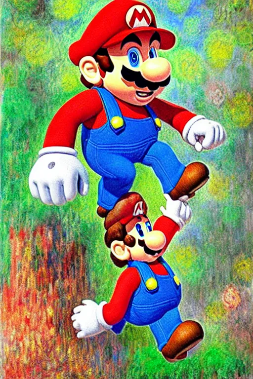 Prompt: Portrait of Super Mario, illustrated by Claude Monet, very detailed