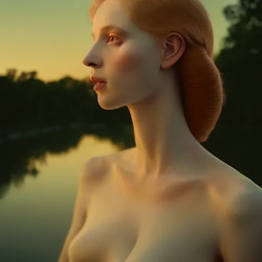 Image similar to photographic portrait of a stunningly beautiful english renaissance female in soft dreamy light at sunset, beside the river, soft focus, contemporary fashion shoot, in a denis villeneuve and tim burton movie, by edward robert hughes, annie leibovitz and steve mccurry, david lazar, jimmy nelsson, extremely detailed, breathtaking, hyperrealistic, perfect face, octane render