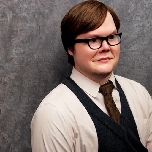 Image similar to clark duke pretending to be dwight schrute