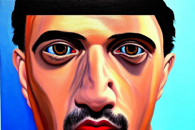 Image similar to frank the ai painter self portrait, detailed eyes, photorealistic