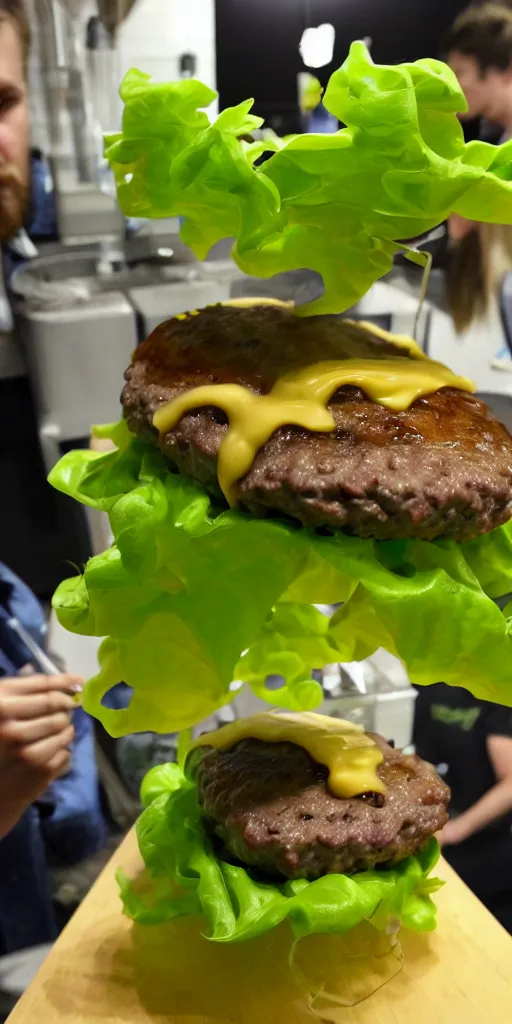 Image similar to a lab - grown cheese burger, growing right out of a hydroponic vine, amazing cheeseburger science garden