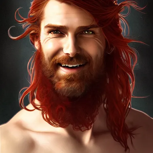 Prompt: portrait of a young ruggedly handsome but joyful pirate, male, masculine, upper body, red crimson hair, long flowing hair, fantasy, wide smirk, intricate, elegant, highly detailed, digital painting, artstation, concept art, matte, sharp focus, illustration, art by artgerm and greg rutkowski and alphonse mucha