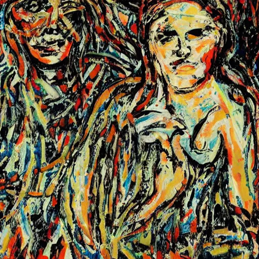 Image similar to a portrait of two beautiful 3 0 year old sisters in a scenic environment by jackson pollock