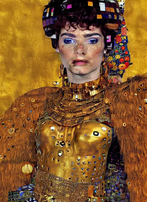 Prompt: close - up portrait of beautiful model dressed gladiator with metallic armor, art by gustav klimt and moebius