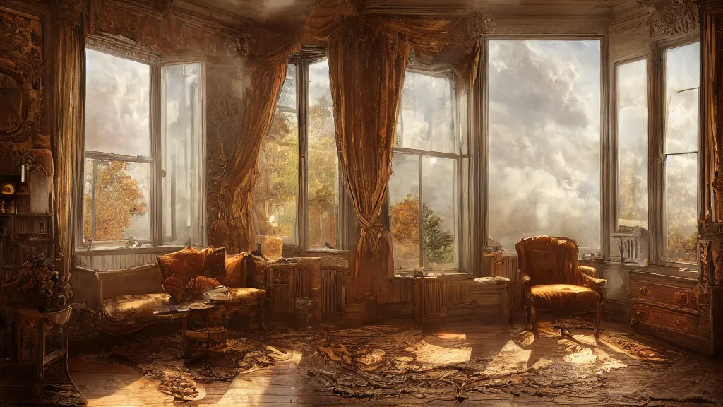 Prompt: richly decorated Victorian house, modern, beautiful, detailed wood, photorealistic, photorealism, lightning, clouds, smoke, the autumn light comes in through a window, diffuse light, vivid cybernetics