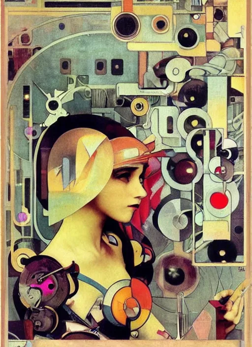 Prompt: cute punk goth fashion fractal tattoed mecha blonde girl wearing a television tube helmet and kimono made of circuits and leds, surreal Dada collage by Man Ray Kurt Schwitters Hannah Höch Alphonse Mucha Beeple