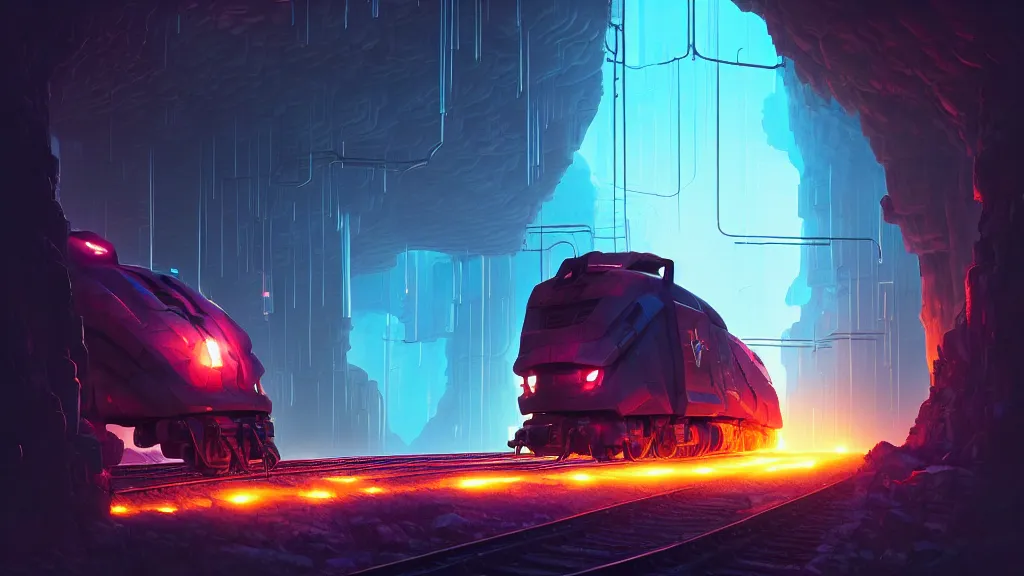 Prompt: cyberpunk locomotive hauling many carriages on railroad through underground cyberpunk caverns. cave. tunnel. digital render. digital painting. beeple. noah bradley. cyril roland. ross tran. trending on artstation.