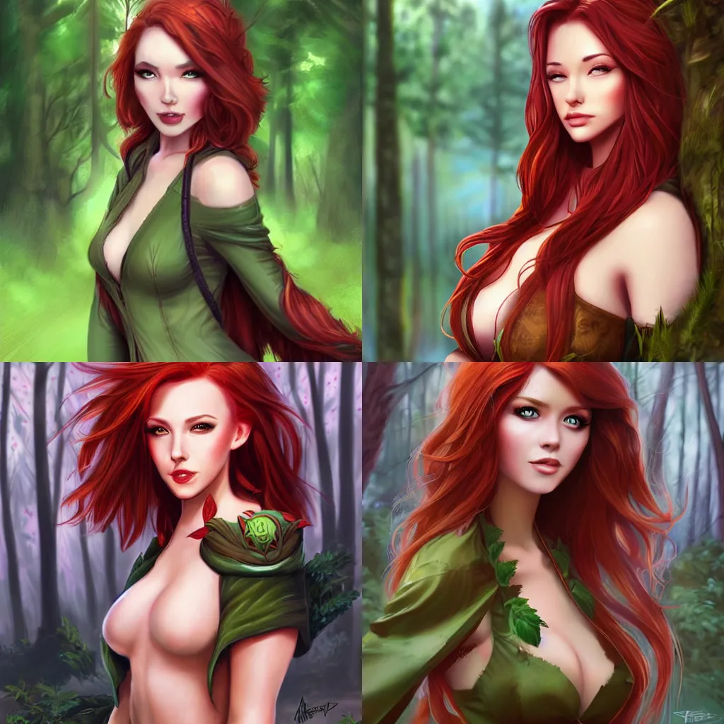 Prompt: beautiful redhead druid, forest in the background, art by Artgerm