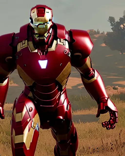 Prompt: robust, bulky and muscular iron man suit in red dead redemption 2, cinematic, photorealistic