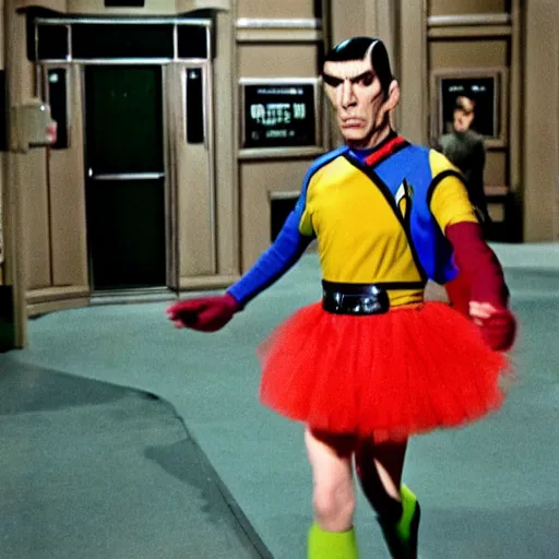 Image similar to color photo of spock in a tutu exiting the tardis