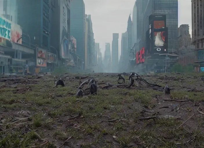 Image similar to film still of post apocalyptic empty time square, overgrown with wildlife walking through in the new sci - fi movie, 8 k