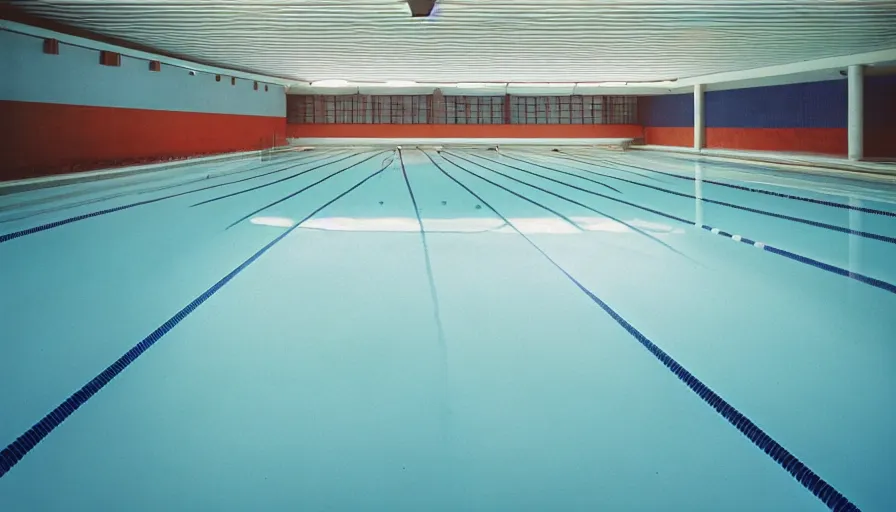 Image similar to 1 9 6 0 s movie still of empty blue tiles swimmingpool, cinestill 8 0 0 t 3 5 mm, high quality, heavy grain, high detail, panoramic, ultra wide lens, cinematic composition, dramatic light, flares, anamorphic