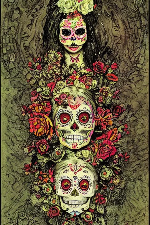 Prompt: Illustration of a sugar skull day of the dead girl, art by John Atkinson Grimshaw