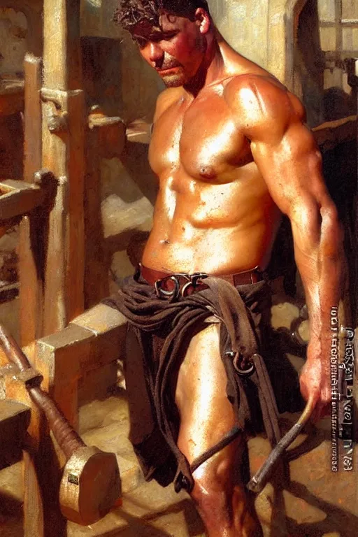 Image similar to muscular sweaty male blacksmith, forgehouse painting by gaston bussiere, craig mullins, j. c. leyendecker, tom of finland