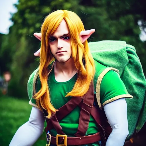 Prompt: Man poorly cosplaying Link from zelda, award winning photo, 4K,