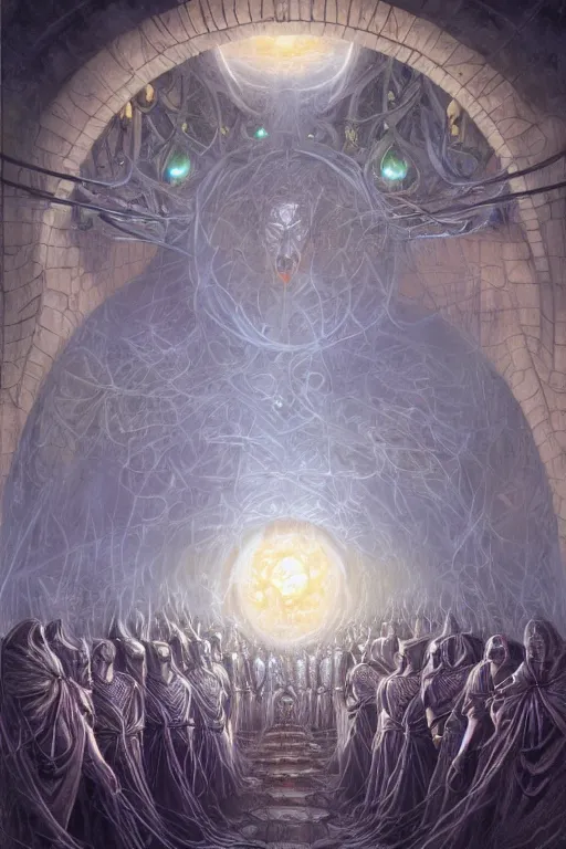 Image similar to a quantum computer surrounded by a dark cabal of hooded elven mystics with long robes gathered in a circular formation, michael whelan, dan seagrave, boris vallejo