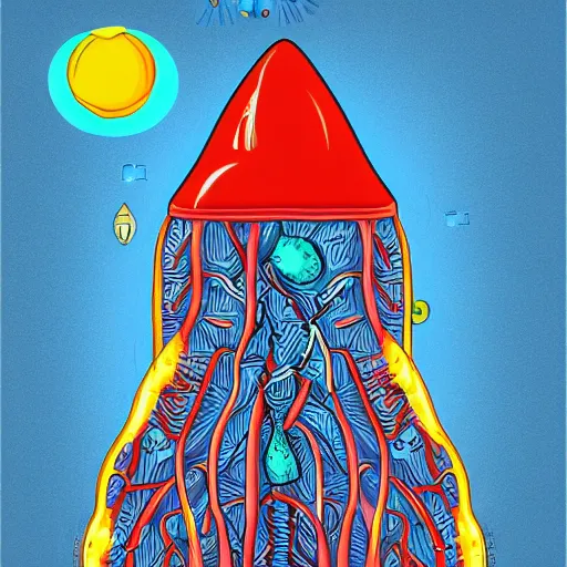 Image similar to anatomical illustation of a rocket ship with a blood circulatory system