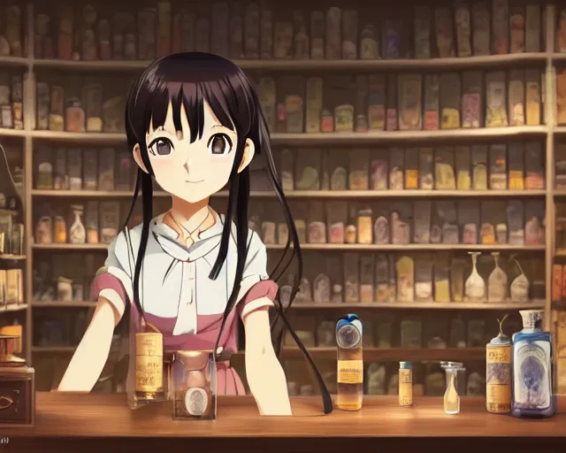 Image similar to anime visual, portrait of a young female traveler in a alchemist's potion shop interior, cute face by yoh yoshinari, katsura masakazu, cinematic luts, cold studio lighting, dynamic pose, dynamic perspective, strong silhouette, anime cels, ilya kuvshinov, cel shaded, crisp and sharp, rounded eyes