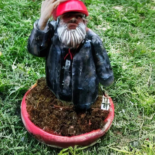 Prompt: gary busey as a garden gnome