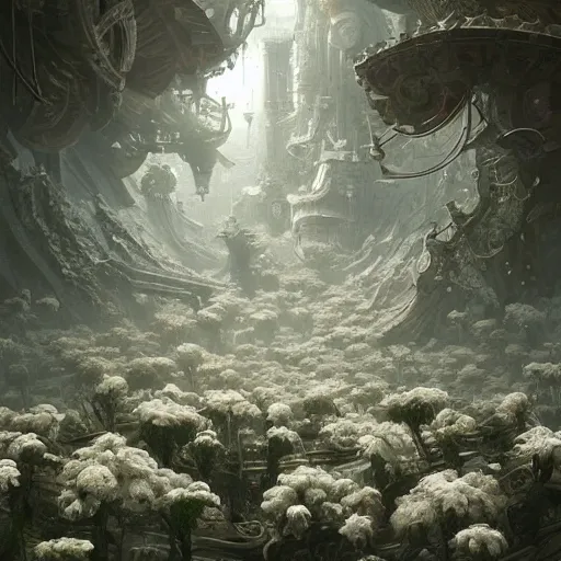 Image similar to intricate white bio - mechanical flowers, intricate environment, matte painting, cinematic, epic composition, highly detailed, atmospheric, wide angle, artstation trending