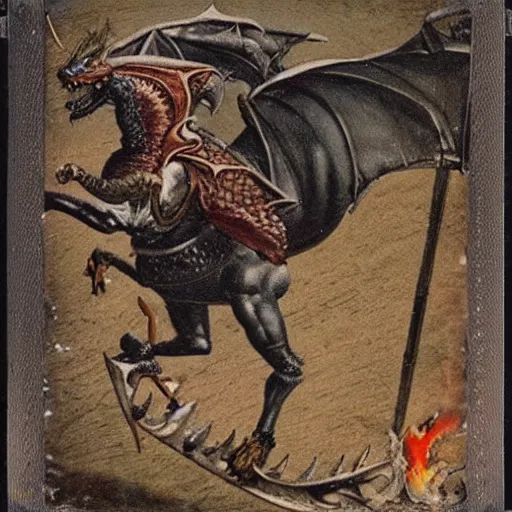 Image similar to polaroid of medieval knight in battle with a dragon