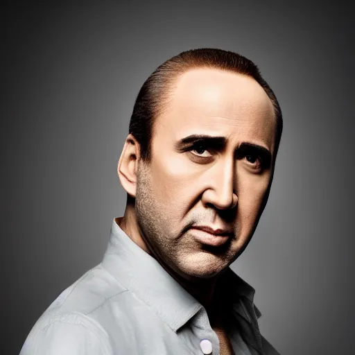 Image similar to portrait of bald nicolas cage neutral expression face straight on headshot even lighting no hair