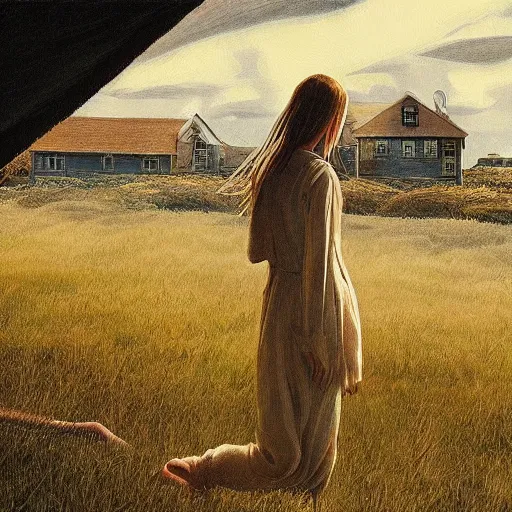 Image similar to Elle Fanning in the painted world of Spirited Away, head and shoulders masterpiece, apocalypse, golden hour, cosmic horror, artstation, in the style of Andrew Wyeth and Edward Hopper and Bosch, extremely detailed