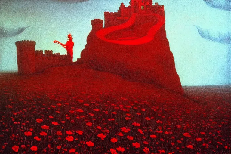 Prompt: only with red, red flowers, a red tiger, a castle in the background, medieval demons, an ancient path, in the style of beksinski, part by hopper, part by rodcenko, part by hofbauer, intricate composition, red by caravaggio, insanely quality, highly detailed, masterpiece, red light, artstation