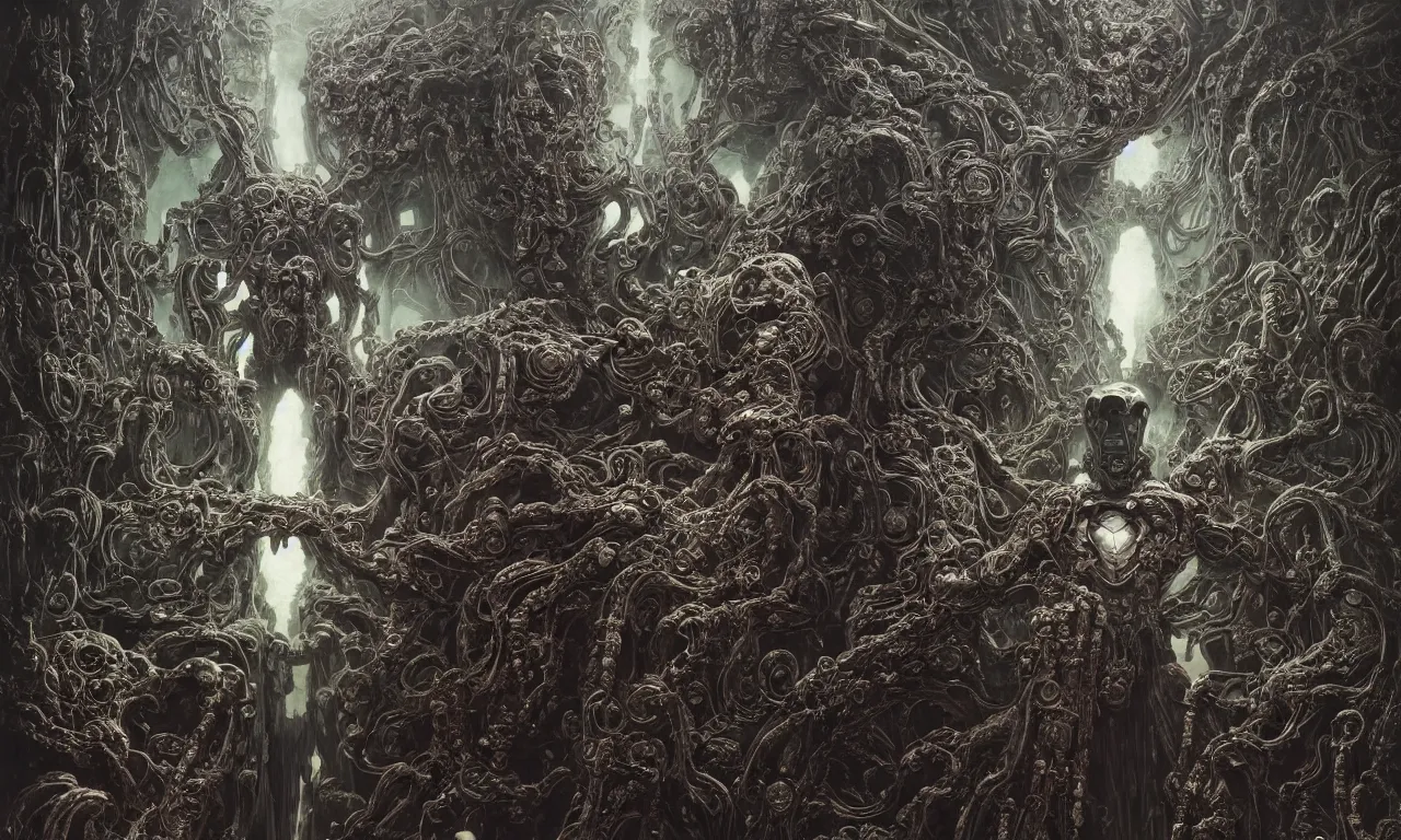 Image similar to symmetric frame of dr doom from Prometheus movie by beksinski, cyborg dr doom mecha by guo pei and alexander mcqueen metal couture editorial, eldritch epic monumental wallpaper by beksinski by Yuko Shimizu