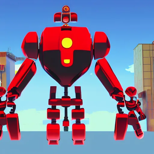 Image similar to red giant robot that towers over you from nintendo's earthbound beginnings in remastered 3 d geometry with raytraced highly reflective material, 4 k