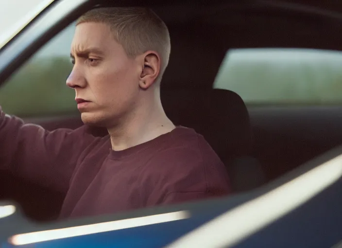 Image similar to a very high resolution image from a new movie, eminem driving a car. inside of a car. alone. mountains, directed by wes anderson