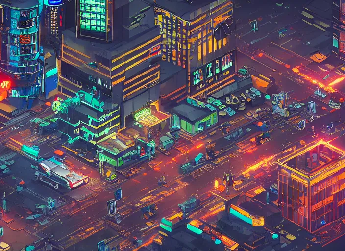 Image similar to Isometric photograph of a cyberpunk city, asian, gritty, highly detailed, extreme detail, 4k, raining, police scene, grimy, flying cars