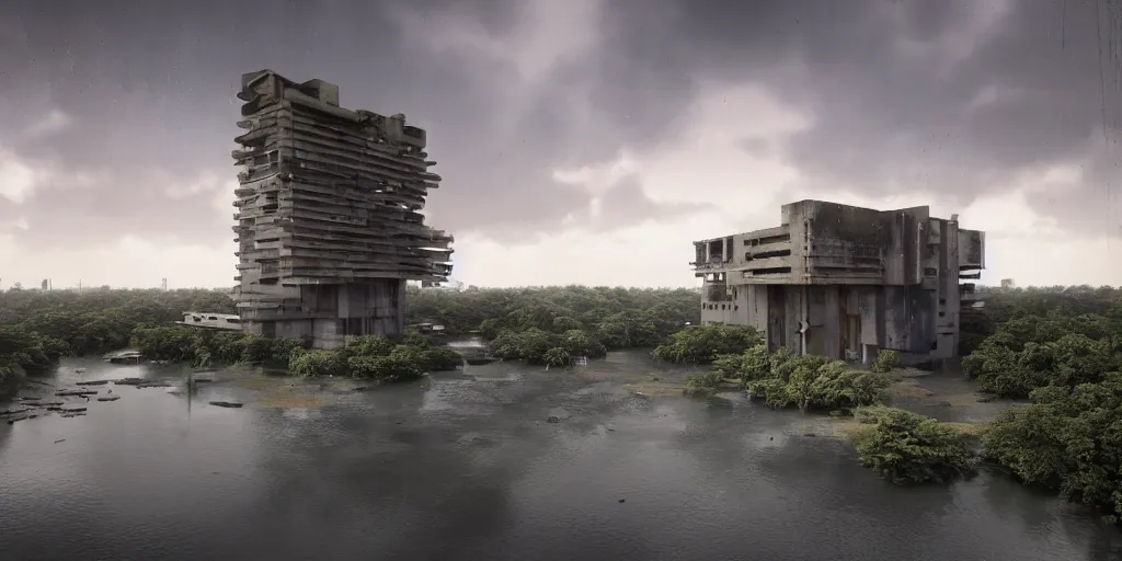 Image similar to an extremely detailed building, brutalist architecture, streetscapes, surrounded by lush green forest and murky ponds of water, stunning volumetric lighting, sunset, rusted steel, smooth solid concrete, stunning skies, trending on Artstation, 8k, photorealistic, hyper detailed, unreal engine 5, IMAX quality, cinematic, epic lighting, in the style of the game DOOM, by Greg Rutkowski