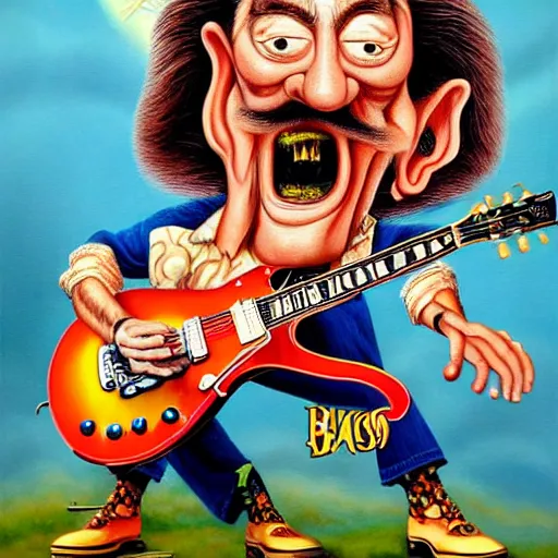 Image similar to beautiful lifelike painting of barry chuckle shredding on a gibson les paul, furious guitar solo, hyperreal detailed facial features and uv lighting, art by ed roth and basil wolverton