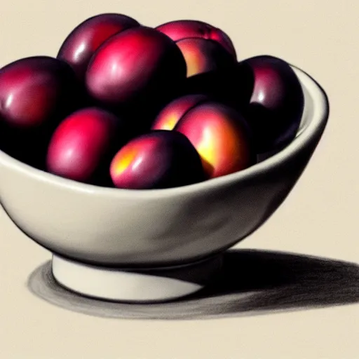 Image similar to concept art drawing of a single thick porcelain bowl filled with a few moist freshly picked plums on a wooden table. volumetric lighting. small scale. artistic. trending on artstation.