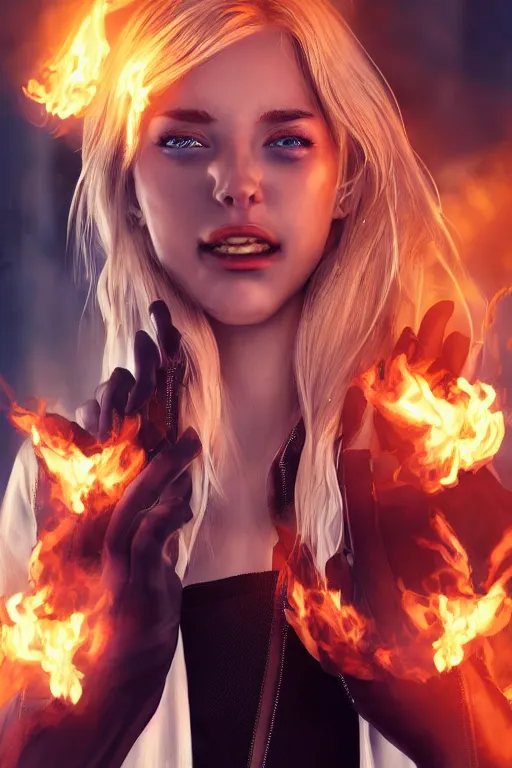 Prompt: wonderful young blonde woman with flames dancing on her hands with a long jacket in a cyberpunk city mouth open in a cry, realistic, high definition, detailed and symetric face, detailed and realistic hands, expressive eyes, 4 k, shimmering color, epic digital art