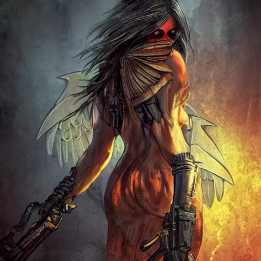 Prompt: post-apocalyptic female phoenix, dark ambiance, realism,