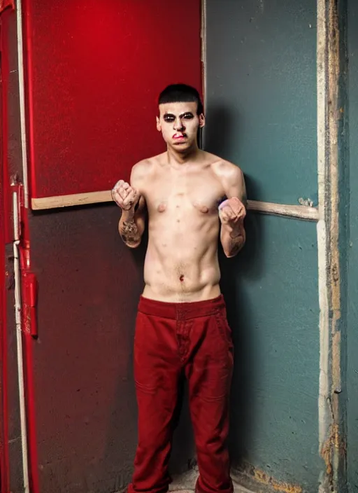 Image similar to a young man of 2 5 years old, with a bruised face and bruises, is standing in a doorway in a boxer's stance, casual clothing style, details, daria kelly, ricky marts, sergio jimenez, david fincher film, manga style, hairstyle red mohawk, cold colors, comics style, 8 k