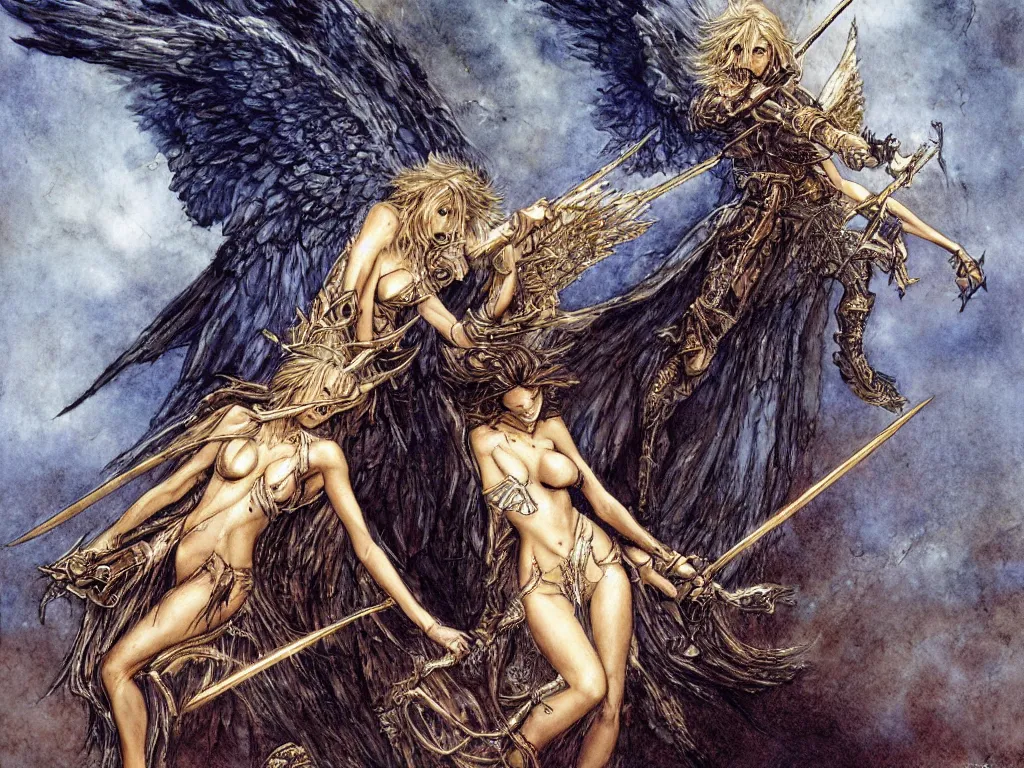 Prompt: painting of a beautiful angel slaying a demon, dark gold background, by Luis royo and Manara