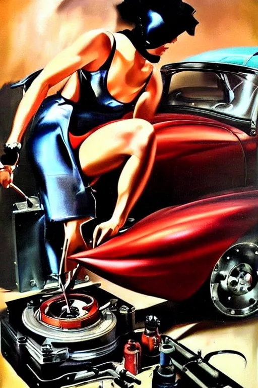 Prompt: muscular mechanic fixing a car engine painting by rolf armstrong, cool colors,