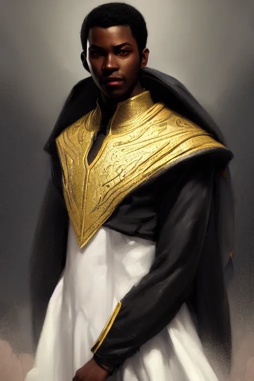 Image similar to a portrait of a black male prince, white cape, illustration, soft lighting, soft details, dark mood, painting oil on canvas by Edmund Blair Leighton and Charlie Bowater octane render trending on artstation d&d characters, 4k, 8k, HD