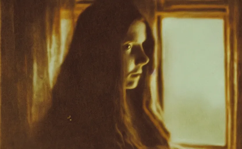 Prompt: portrait bust of young woman, solemn expression, faded color film, russian cinema, tarkovsky, kodachrome, old cabin, next to window, heavy forest outside, long brown hair, cloth, heavy fog, hudson river school, 4 k, dramatic lighting, greg rutkowski