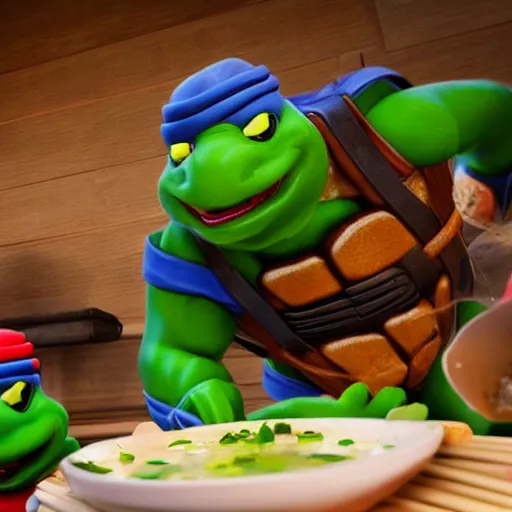 Prompt: little ninja turtles in soup in a chinese restaurant, a chinese man eats this soup, super realistic, super detailed, high octane, photorealistic, rendering 8 k, 8 k octane, unreal engine