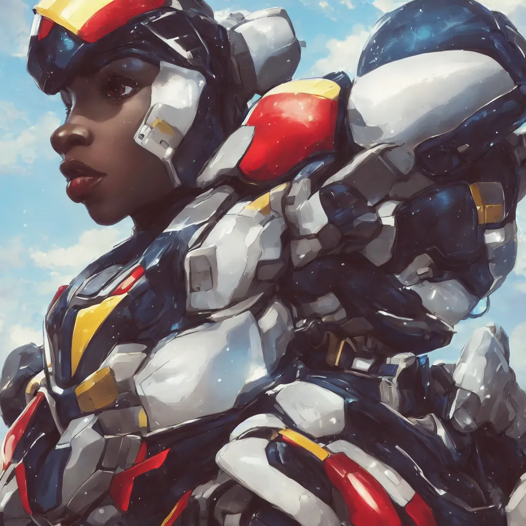 Image similar to portrait cartoon manga anime render of a strikingly gorgeous nigerian 👩🏿, wearing an intricate gundam pilot helmet, rossdraws, artgerm, norman rockwell, emiliano ponzi, epic composition, hd, octane, unreal engine, volumetric lighting, light rays, masterpiece, award - winning