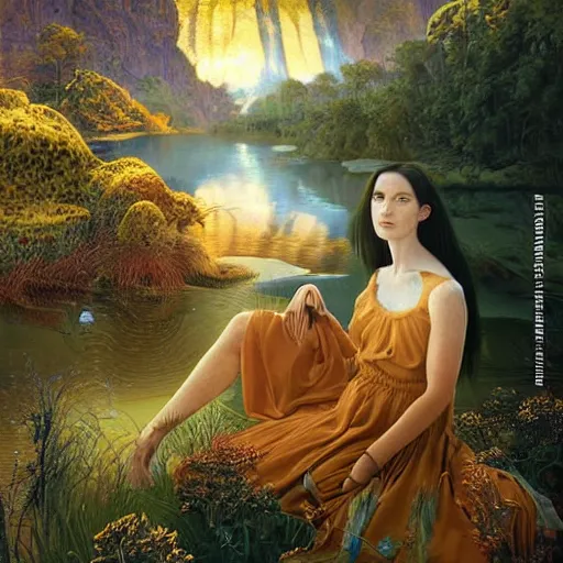 Image similar to A beautiful portrait of a woman with iridescent skin in a scenic environment by James C. Christensen