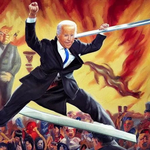 Prompt: Joe Biden with an eyepatch fighting off hordes of obese americans with a katana, action shot, dynamic pose, oil painting