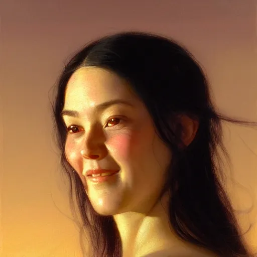 Prompt: Facial portrait of a cute shy woman, looking away from the camera, shy smile, mouth slightly open, lips slightly parted, long flowing black hair, no hands visible, intricate, extremely detailed painting by Henry Justice Ford and by Greg Rutkowski and by Moebius, golden hour